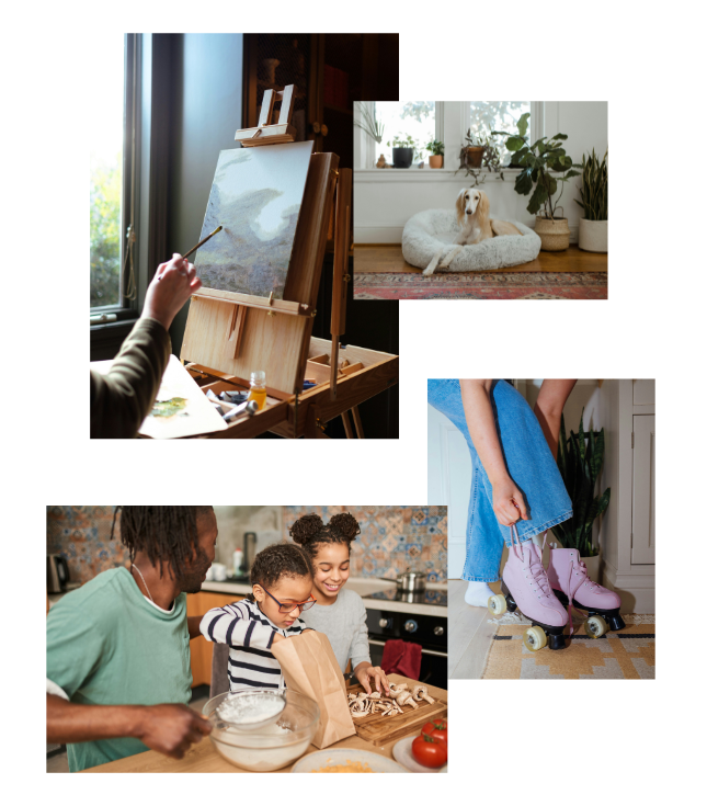 Happy homeowners cooking, painting, and spending time with a dog in their home