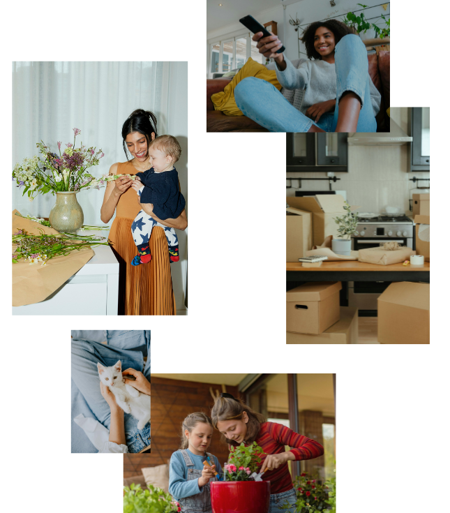 Happy homeowners in Portland enjoying their new home. A family plants plants, watches TV, holds their child, and pets a cat. Perfect moments in a new home.